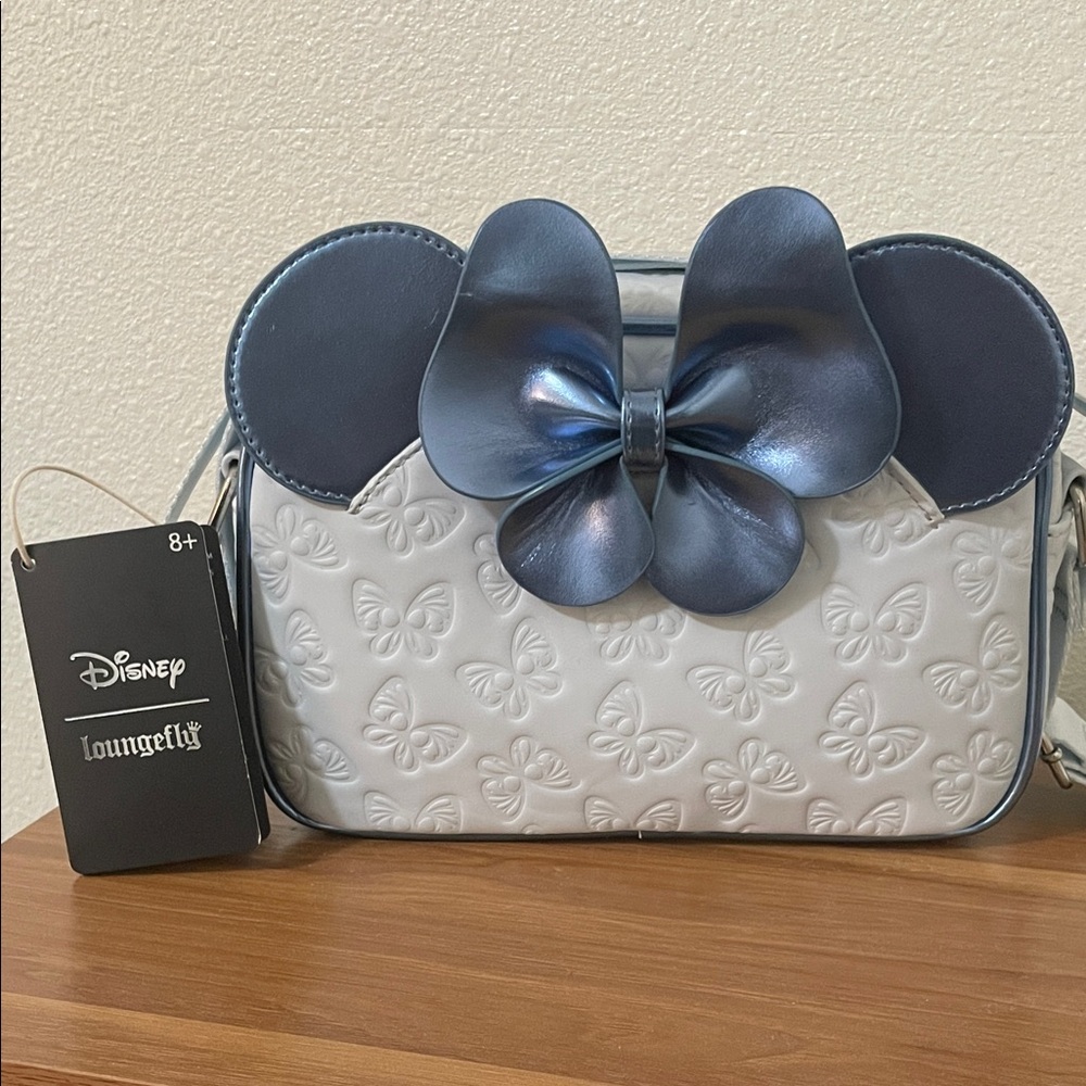Loungefly Disney White Crossbody Bag with Shiny Blue Bow & Ears